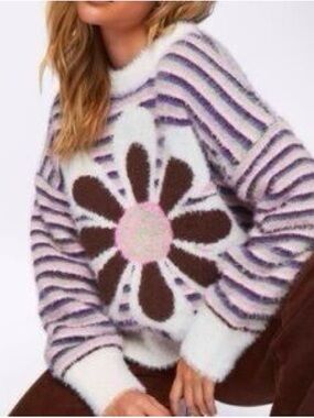 Forever 21 Cozy Floral Stripe Fuzzy Sweater - size large